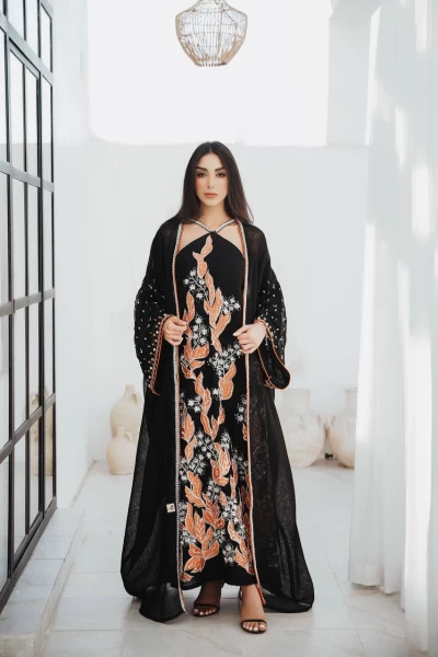 Bisht made of burlap and black linen dress, IB275 Black